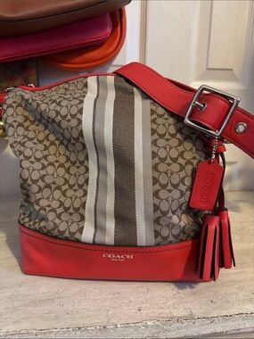 Coach Signature Stripe Shoulder Bag in Red and Brown